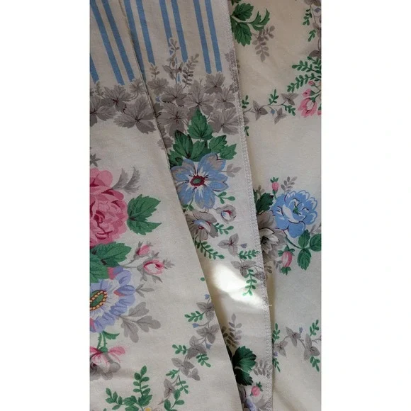 Vintage Floral Trellis Fabric Blue Stripe Border Pink Roses Cotton 132"x53" - Picture 4 of 11